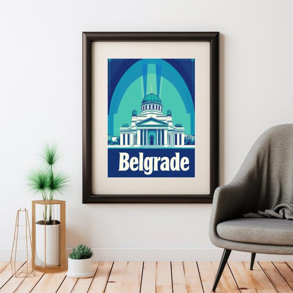Belgrade A Bold Stylized Illustration Of A Historic Landmark In Vibrant Blue And Teal Art For Home Decor