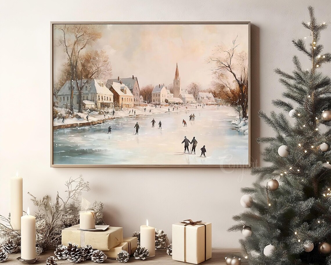 Village Ice Skating on Frozen Pond Winter Landscape Wall Art - Image 6