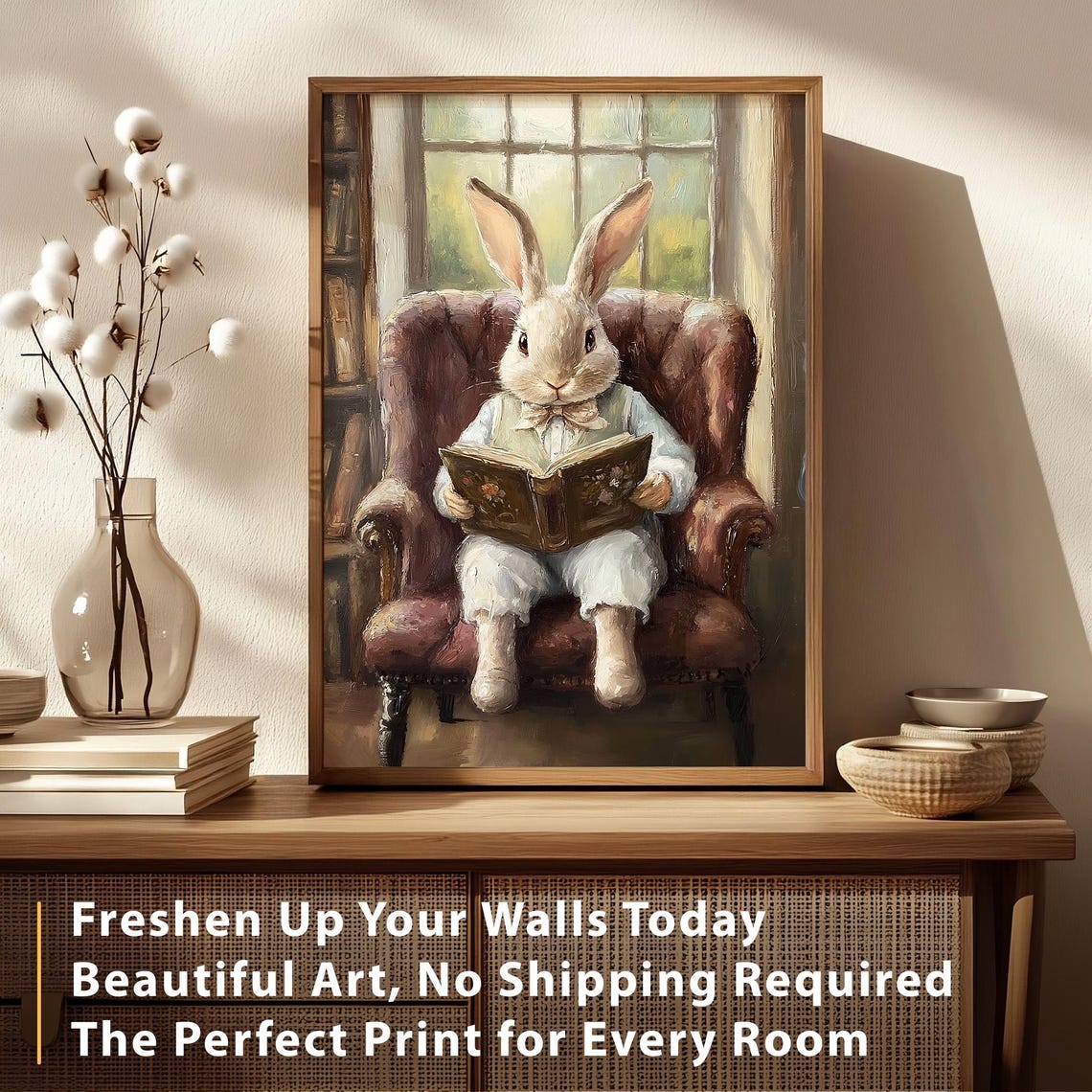 Easter Bunny Print Cute Easter Bunny Reading Book Easter Rabbit Easter Vintage Spring Cottagecore Easter Decor Farmhouse Wall Art - Image 3