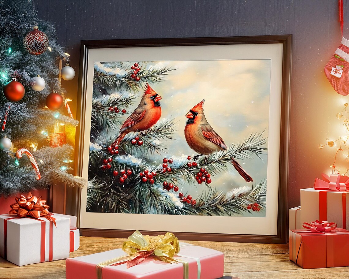 Pair of Red Cardinals on Snowy Pine Branch Winter Bird Wall Art - Image 3