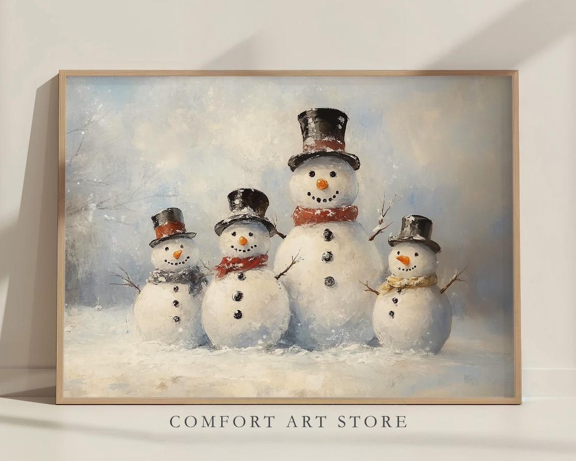 Antique Vintage Christmas Snowman Print Christmas Wall Art Winter Scene Holiday Art Snowman Family Christmas Painting Snowman Wall Art Decor - Image 6