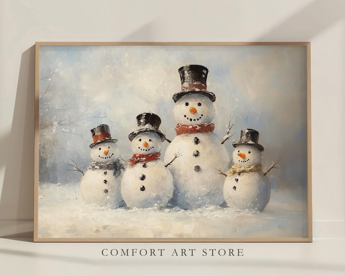 Four Happy Snowmen Wearing Top Hats in Snowy Winter Scene Poster - Image 6