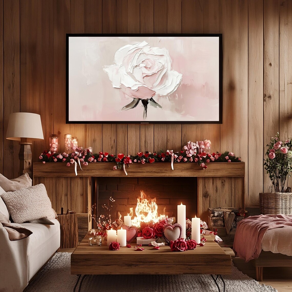 Valentine White Rose Impasto Painting Soft Pink Floral Frame TV Print - Image 2