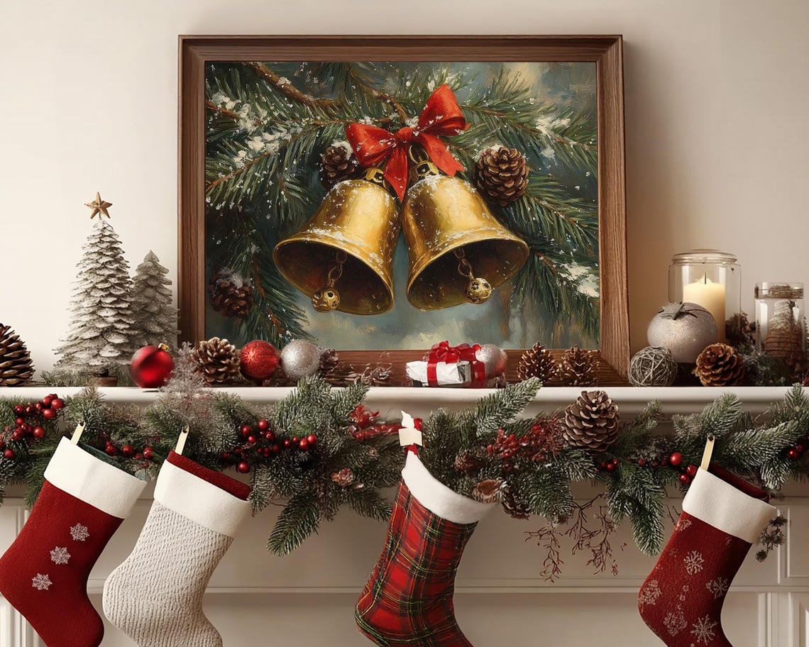 Vintage Christmas Jingle Bells Print Christmas Wall Art Winter Holiday Decor Antique Christmas Golden Bells Oil Painting Winter Pine Print - Image 6