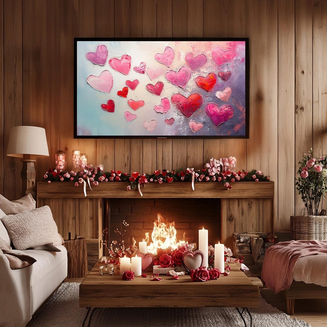 Scattered Pink Red Hearts Impasto Painting Valentines Decor Poster - Image 2
