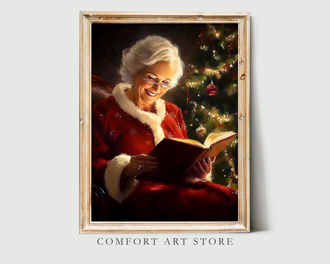 Mrs Claus Smiling Over Her Book by the Christmas Tree Wall Art