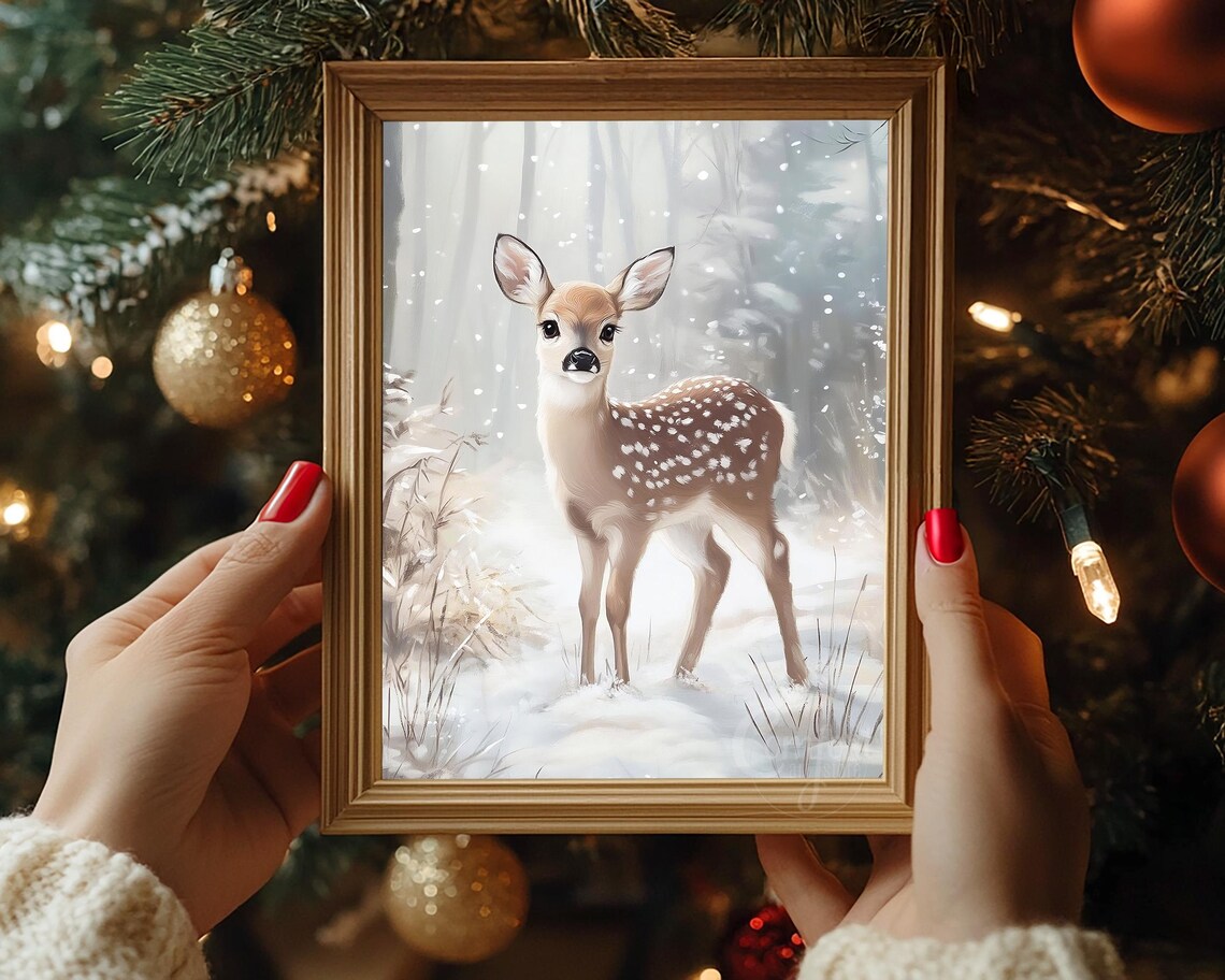 Adorable Baby Deer Fawn Standing in Snowy Winter Forest Poster - Image 6