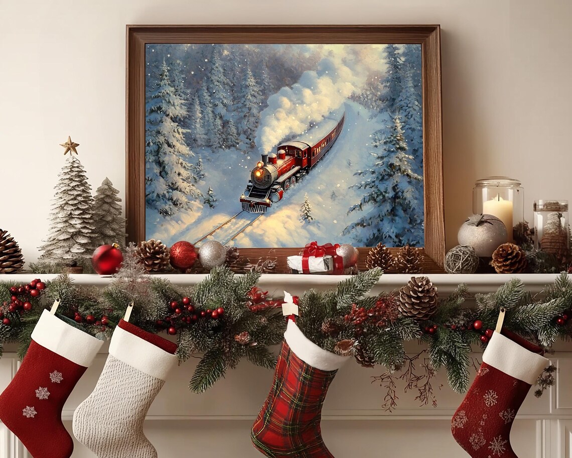 Red Steam Train Traveling Through a Snowy Winter Forest Poster - Image 4