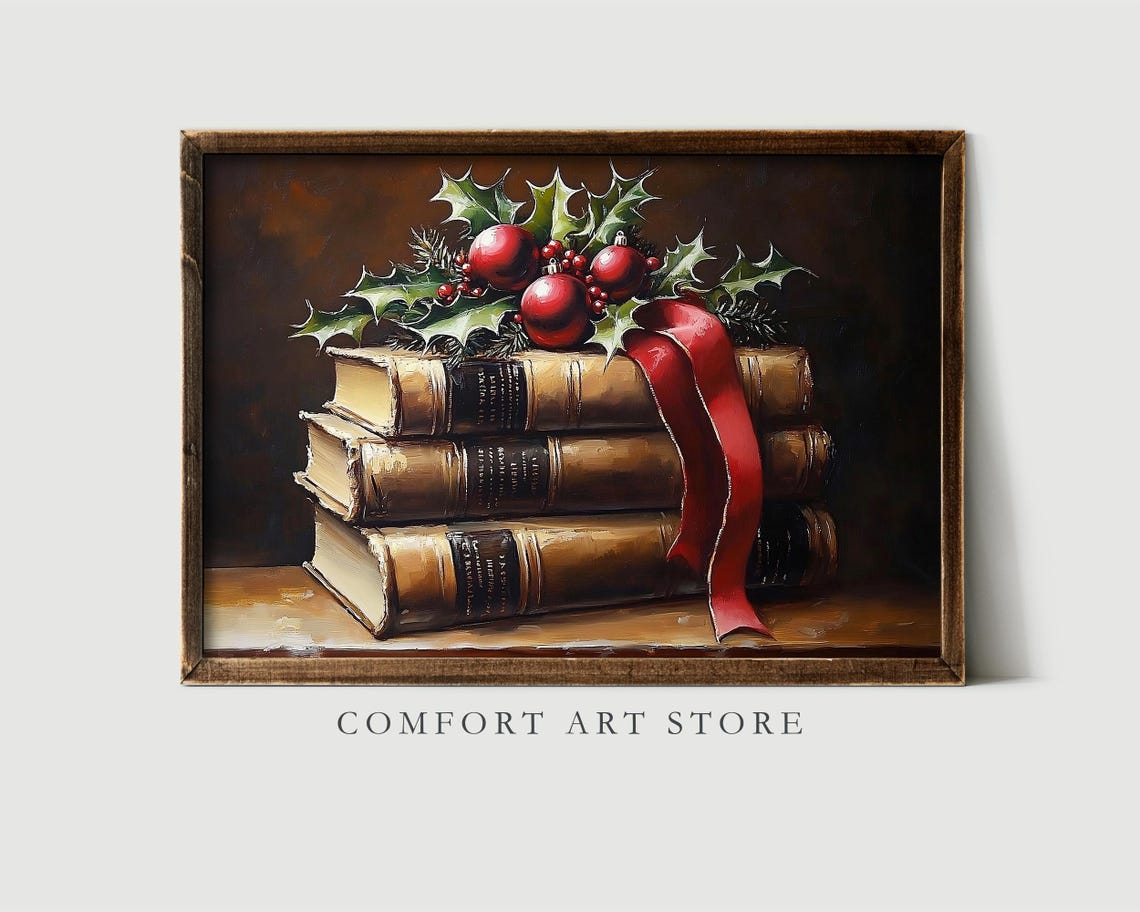 Elegant Stack of Vintage Books with Holly and Red Ornaments Poster - Image 5