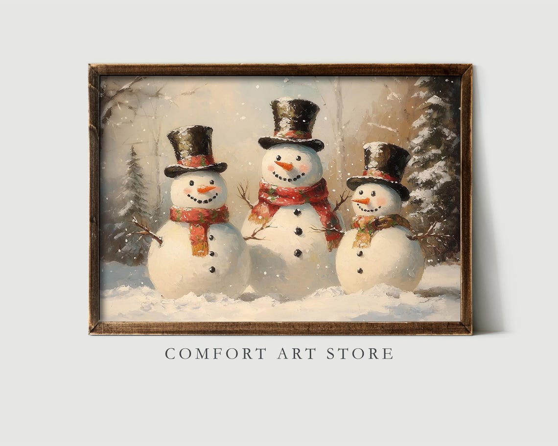 Vintage Christmas Snowman Print Christmas Wall Art Winter Holiday Antique Christmas Snowman Family Painting Snowman Wall Art Christmas Decor - Image 2