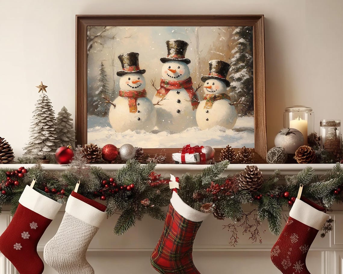 Jolly Smiling Snowman Trio with Top Hats in Gentle Snowfall Poster - Image 6