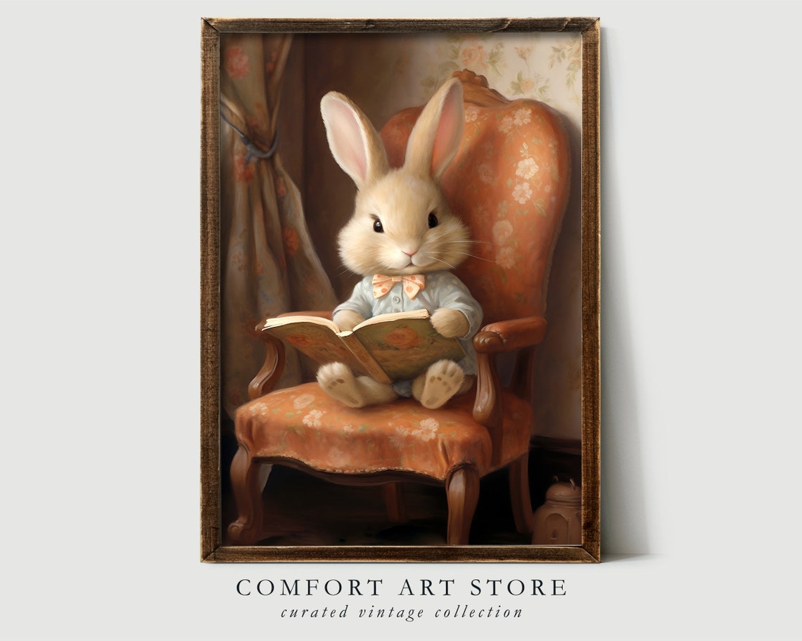 Adorable Bunny Rabbit Reading Book in Vintage Armchair Poster - Image 2