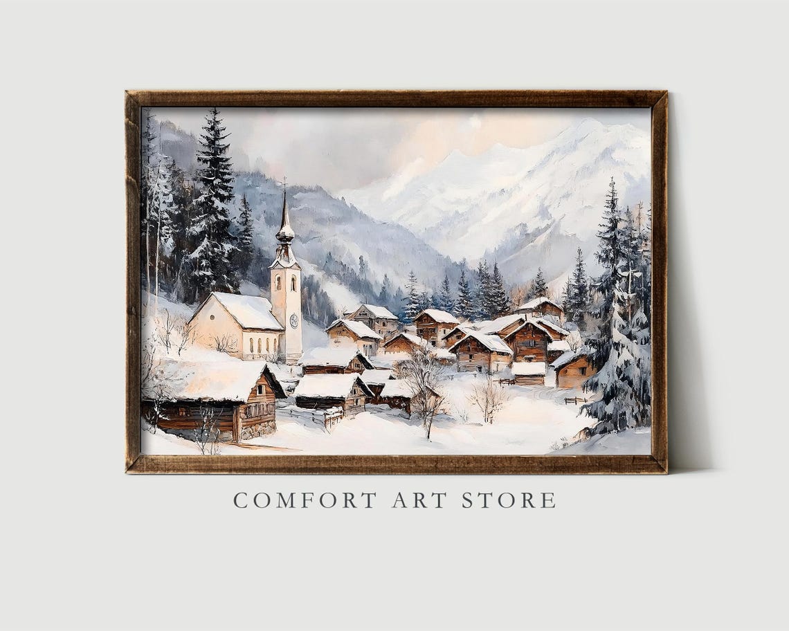 Snowy Alpine Village with Church and Mountains Winter Poster - Image 4