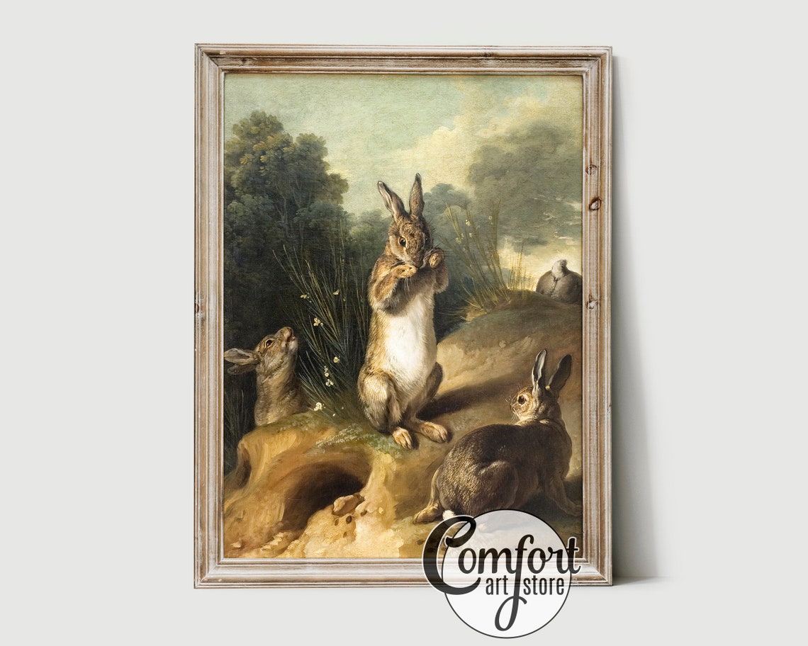 Vintage Rabbits in a Rustic Landscape Neutral Tone Painting Poster