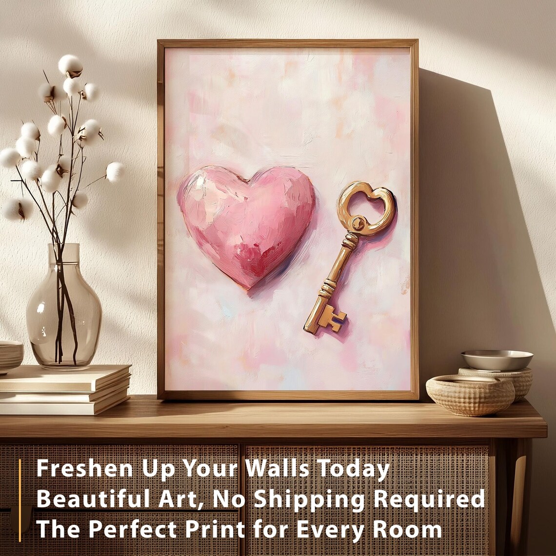 Pink Heart and Golden Skeleton Key Romantic Valentine Art Poster - Image 4