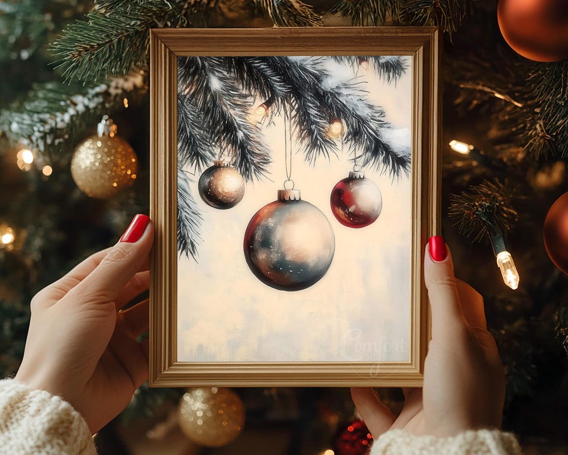 Elegant Vintage Christmas Ornaments on Snowy Pine Branch Poster - Image 6