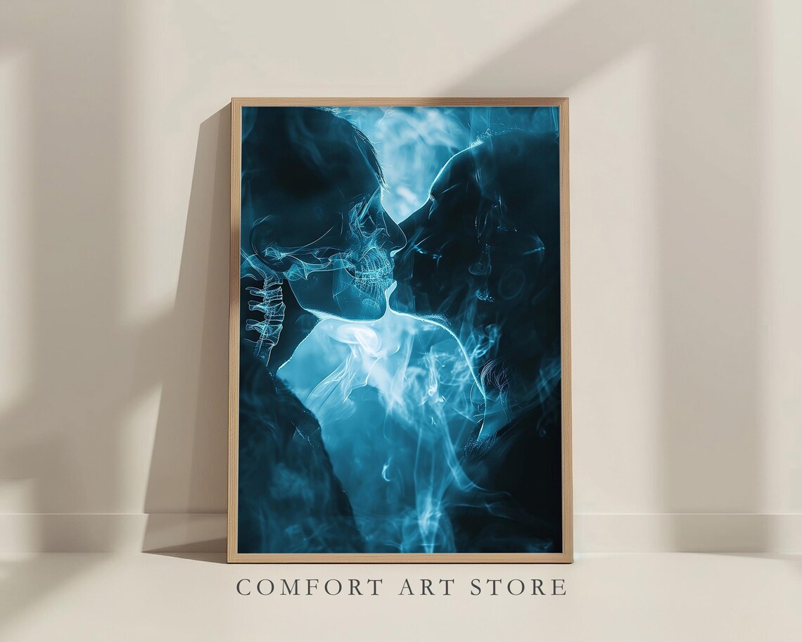 X Ray Skeleton Couple Kissing in Blue Smoky Neon Style Wall Art