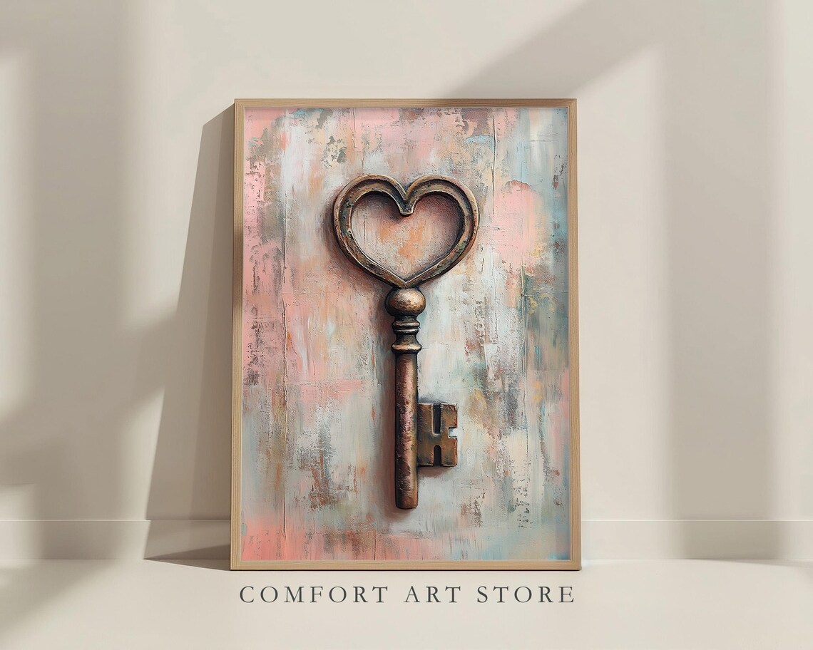 Antique Skeleton Heart Key Distressed Pastel Love Romance Wall Art