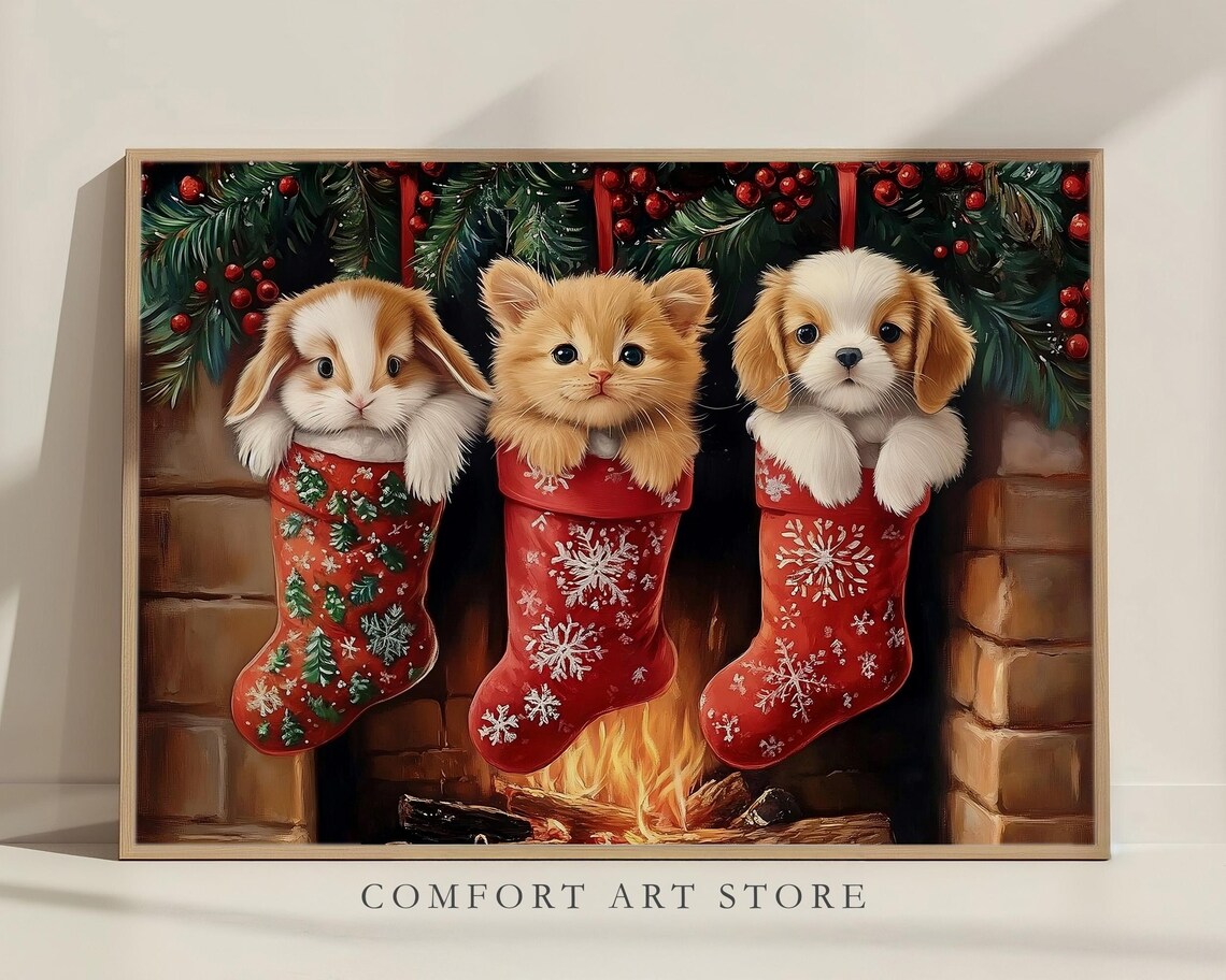 Bunny Kitten and Puppy Peeking from Christmas Stockings Art Poster - Image 7