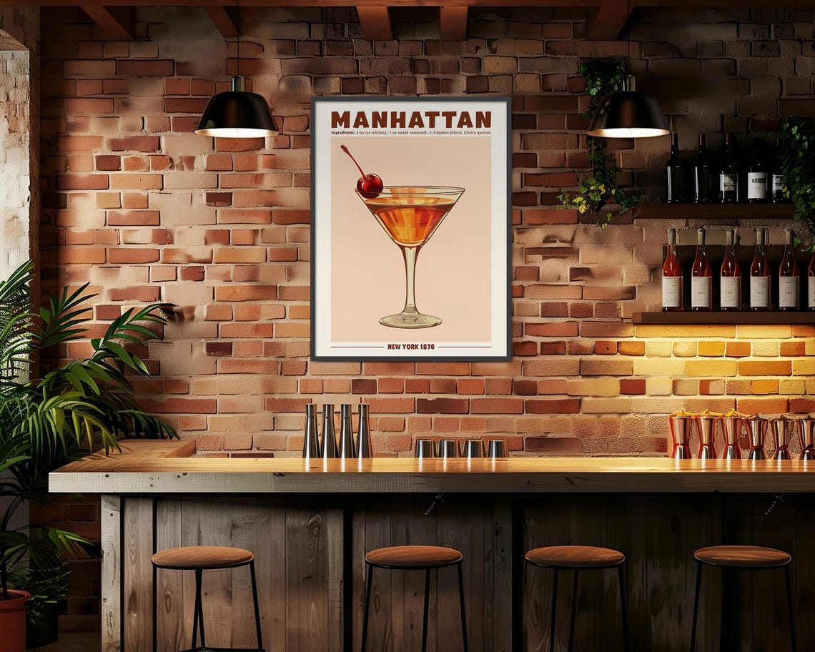 Classic Manhattan Cocktail With Cherry in a Coupe Glass Vintage Poster - Image 5