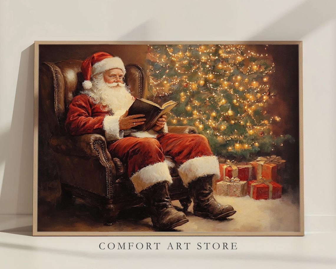 Jolly Santa Claus Reading a Book Beside Lit Christmas Tree Poster - Image 2