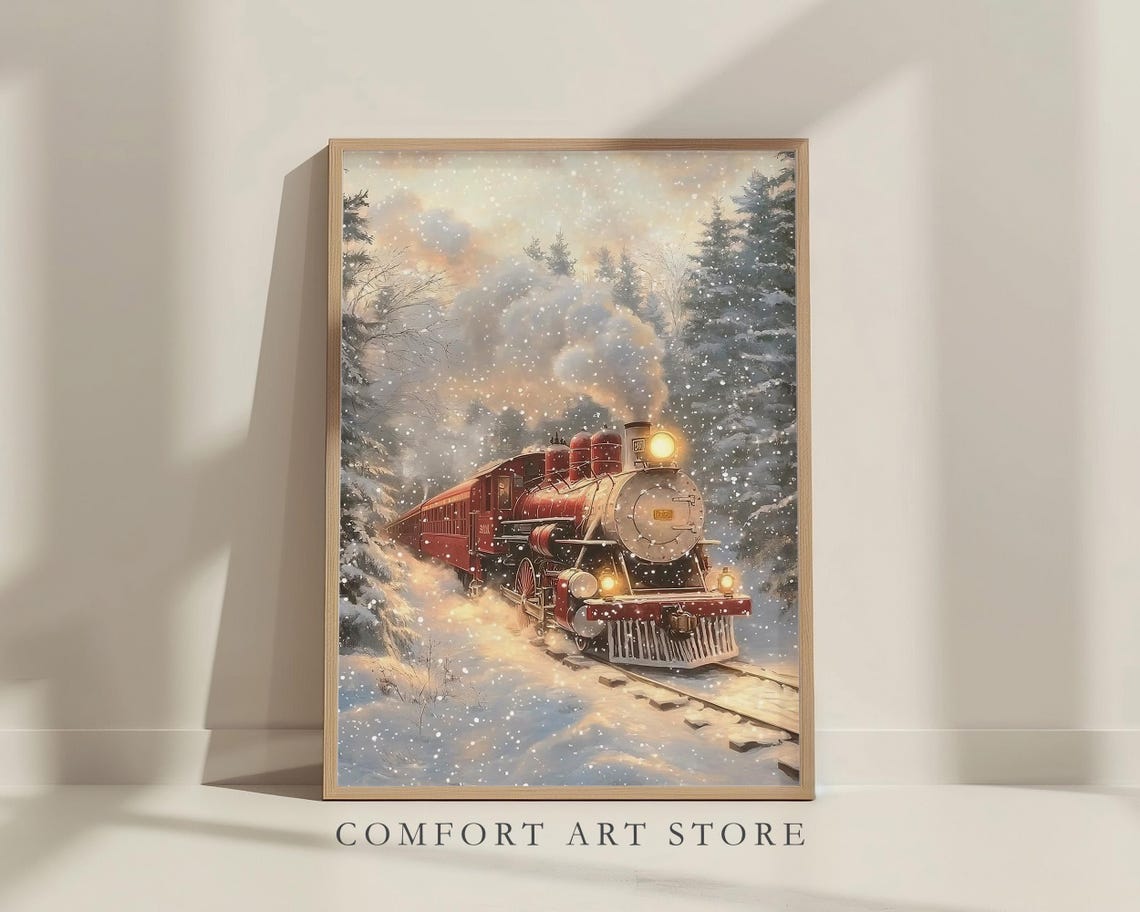 Classic Red Steam Engine in Snowy Pine Forest Snowstorm Wall Art - Image 8