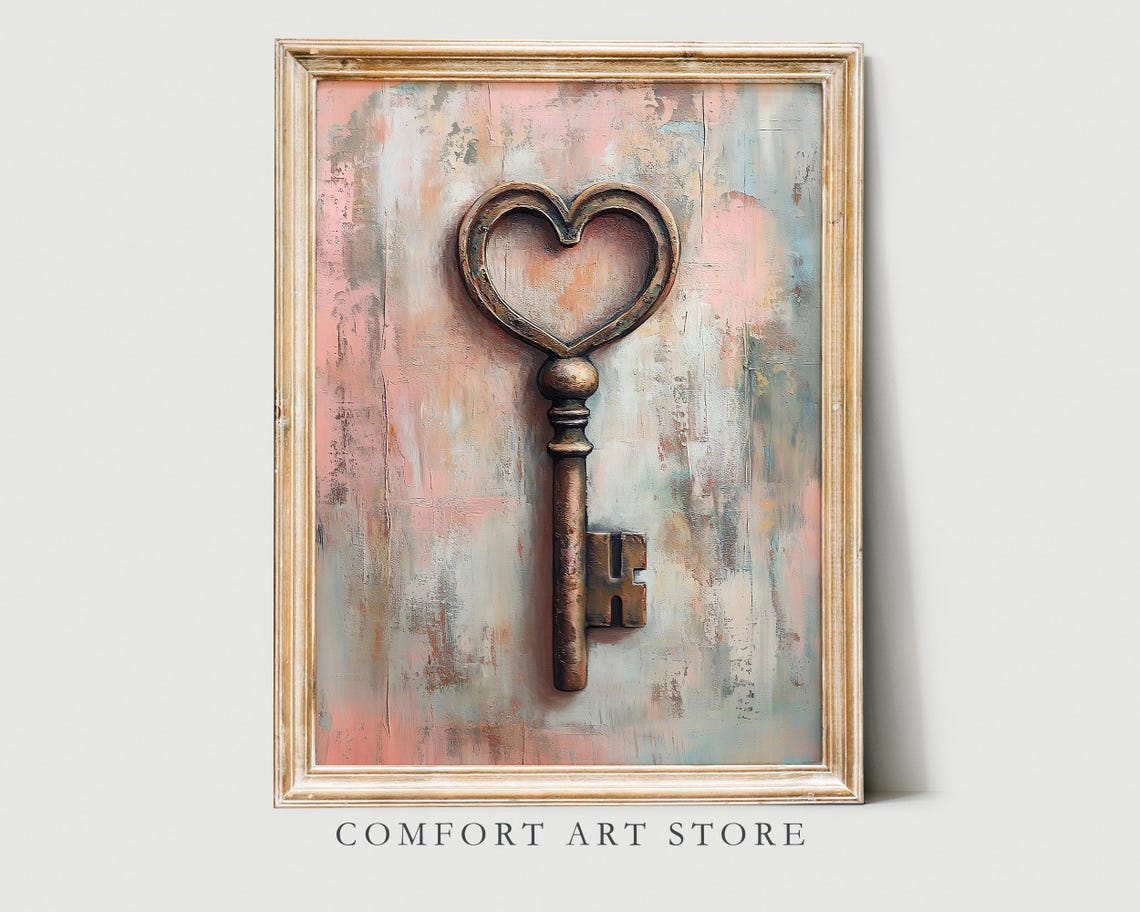 Antique Skeleton Heart Key Distressed Pastel Love Romance Wall Art - Image 6