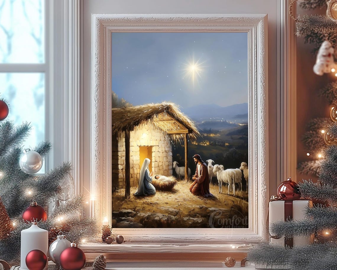 Silent Night Nativity Scene with Bethlehem Star and Sheep Poster - Image 4