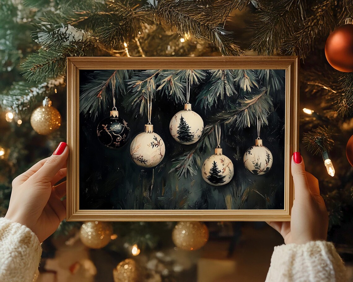 Hand Painted White Christmas Ornaments on Dark Pine Branch Poster - Image 3