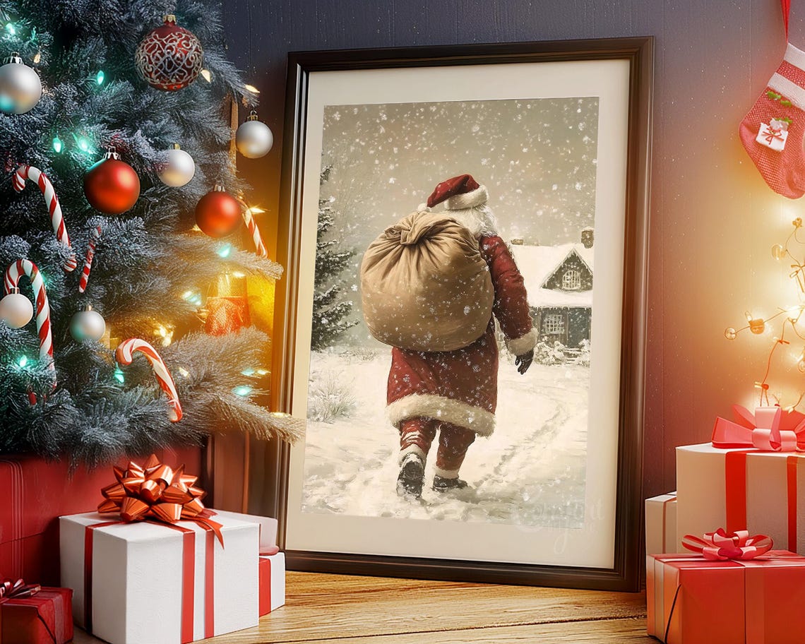 Santa Claus Carrying Gifts on Snowy Path to a Cabin Wall Art - Image 5