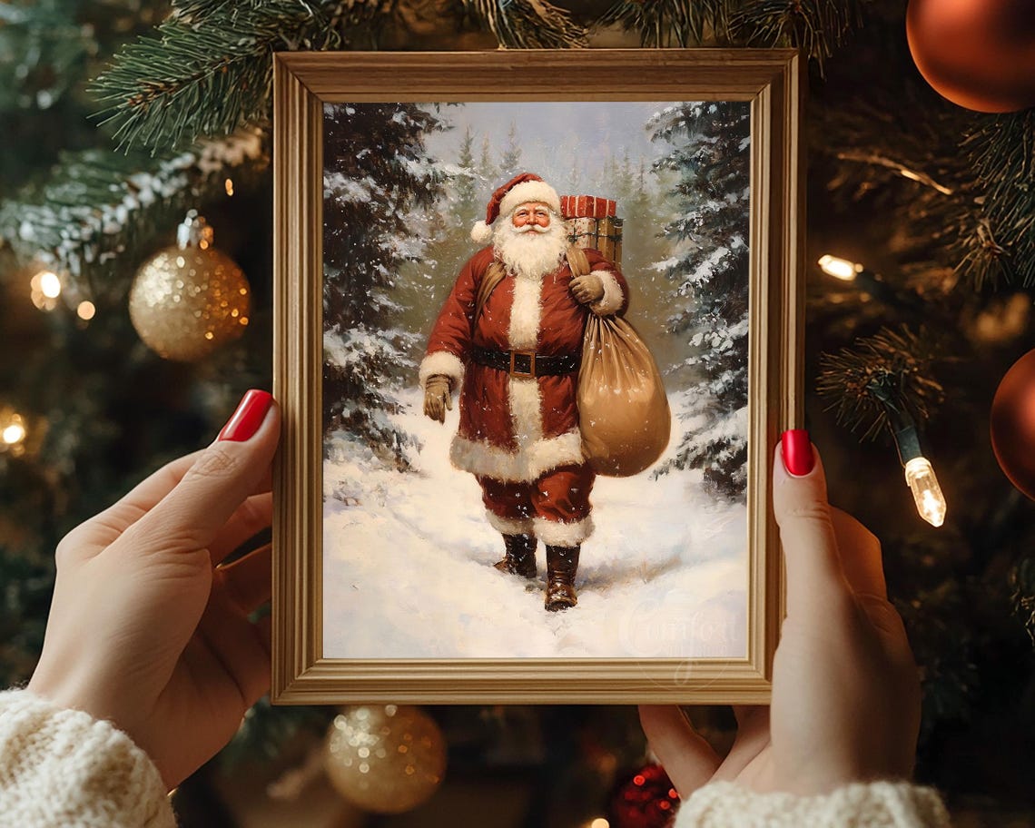 Vintage Santa Claus Walking Through a Snowy Forest with Gifts Poster - Image 6
