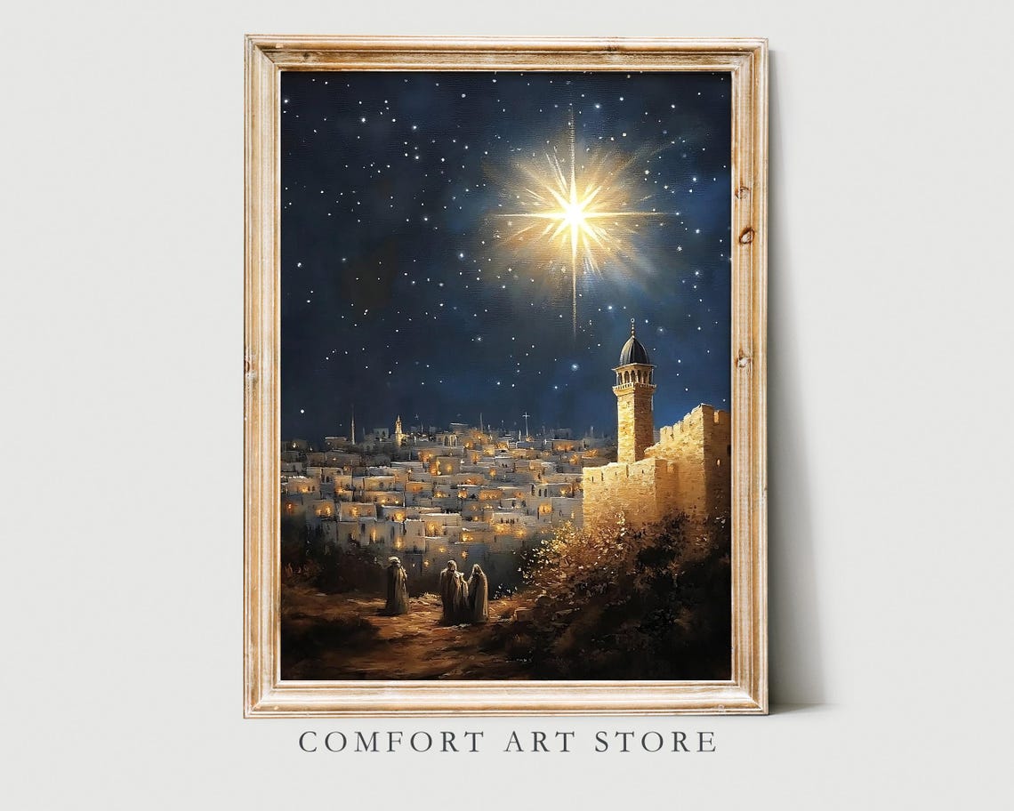 Antique Vintage Star Of Bethlehem Print Christian Nativity Scene Christmas Star Wall Art Christian Christian Print Oil Painting