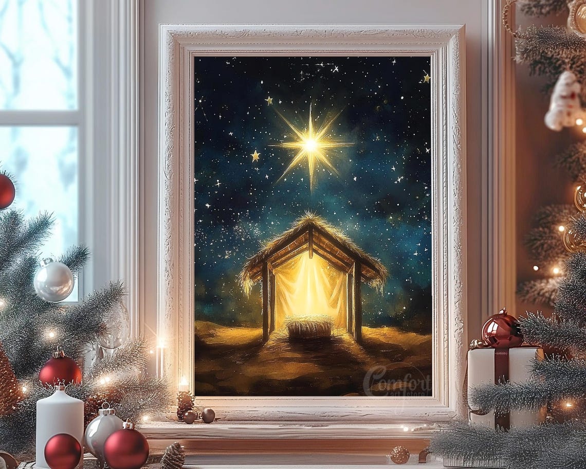 Empty Manger in the Stable Under the Star of Bethlehem Poster - Image 4