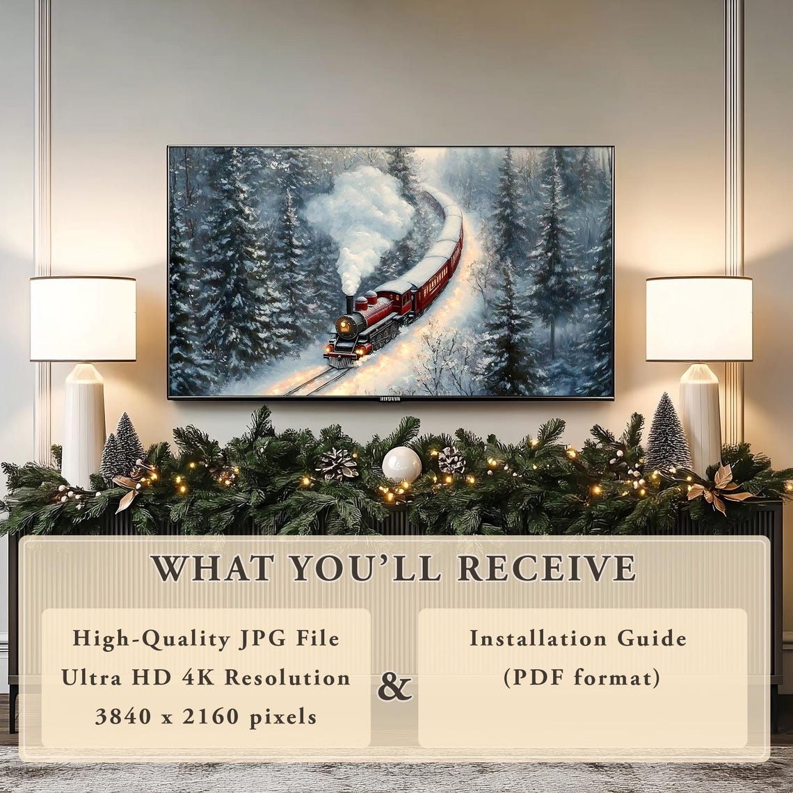 Red Vintage Steam Train Traveling Through A Snowy Winter Forest Poster - Image 6