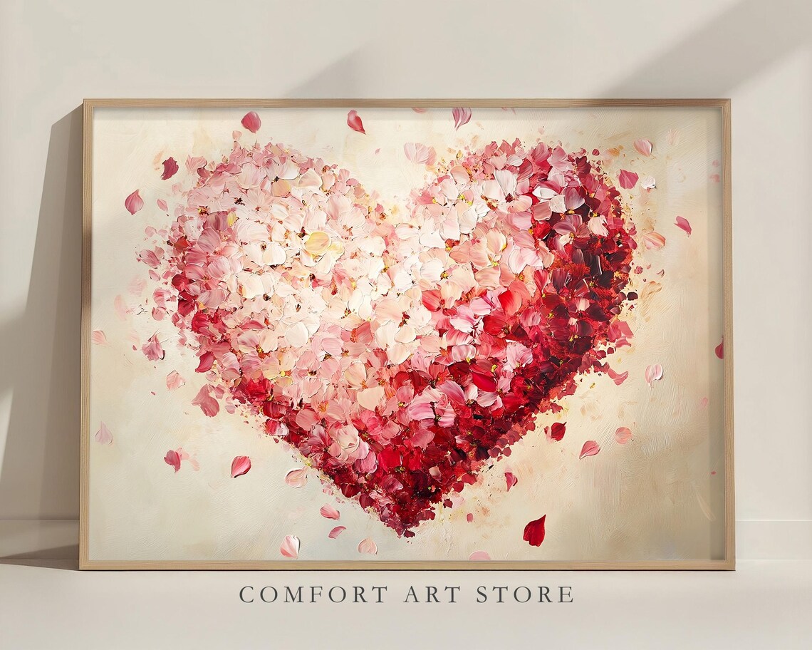 Red Pink Petal Heart Oil Painting Romantic Valentines Day Decor Poster - Image 3