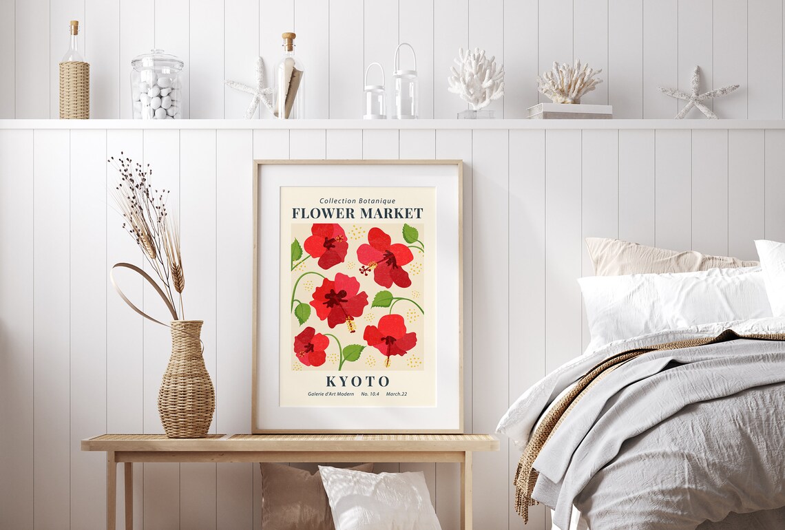 Flower Market Kyoto Red Hibiscus Botanical Gallery Decor Wall Art - Image 4