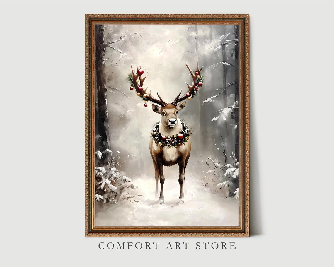 Beautiful Festive Deer with Ornaments on Antlers Misty Snow Poster - Image 3