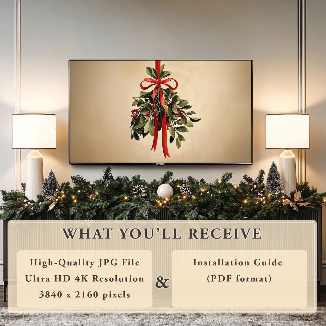 Christmas Mistletoe With Red Bow on a Warm Beige Vintage Poster - Image 5