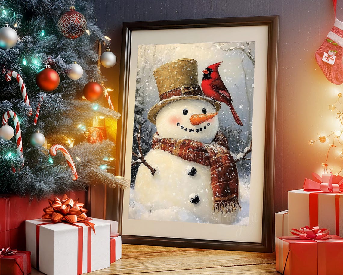 Vintage Christmas Wall Art Snowman Print Carrot Nose Red Cardinal Holiday Winter Decor Neutral Christmas Oil Painting Antique Snowman Print - Image 6