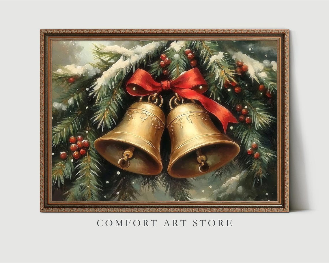 Elegant Two Golden Christmas Bells Red Bow Snowy Branches Poster - Image 3