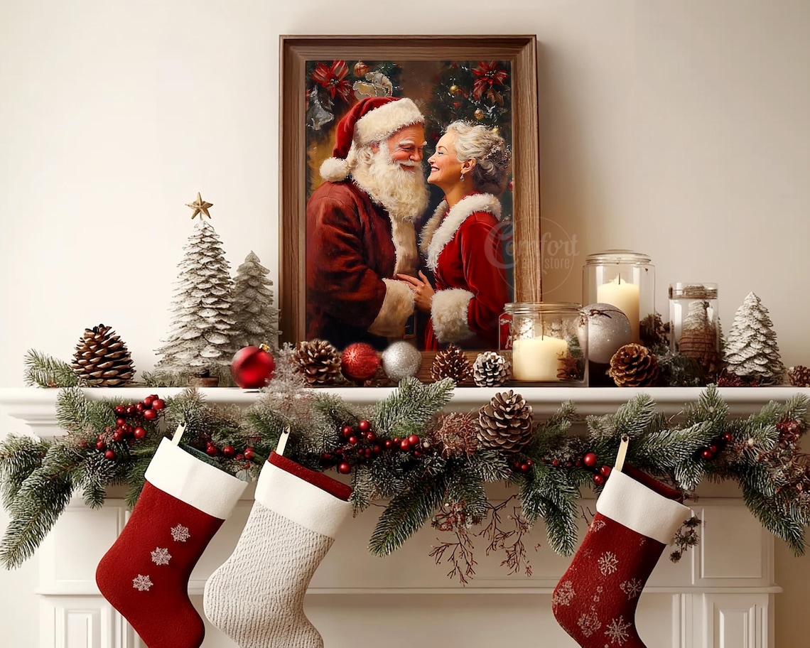 Santa and Mrs Claus Embracing in Front of Christmas Tree Poster - Image 3