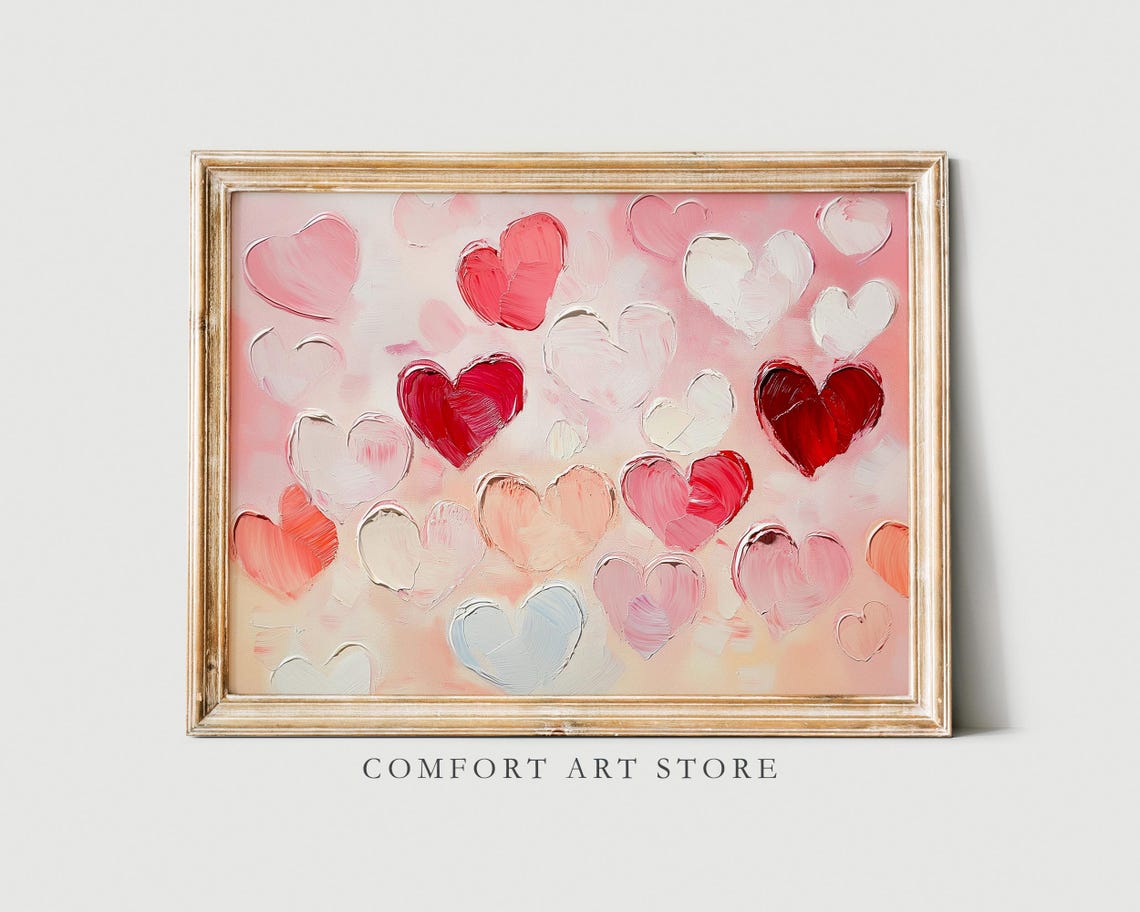 Red Pink Impasto Hearts Textured Romantic Valentine Wall Art Poster