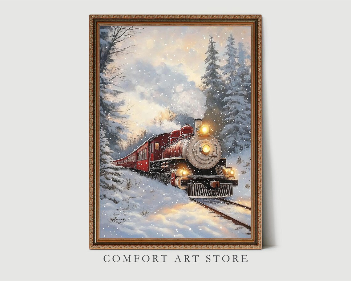 Red Locomotive with Glowing Headlamp in Snowy Pines Wall Art - Image 3