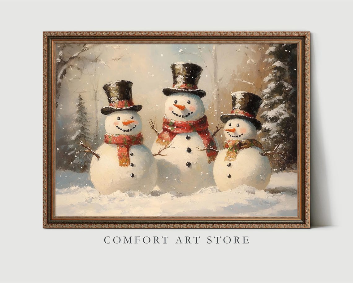 Vintage Christmas Snowman Print Christmas Wall Art Winter Holiday Antique Christmas Snowman Family Painting Snowman Wall Art Christmas Decor - Image 3