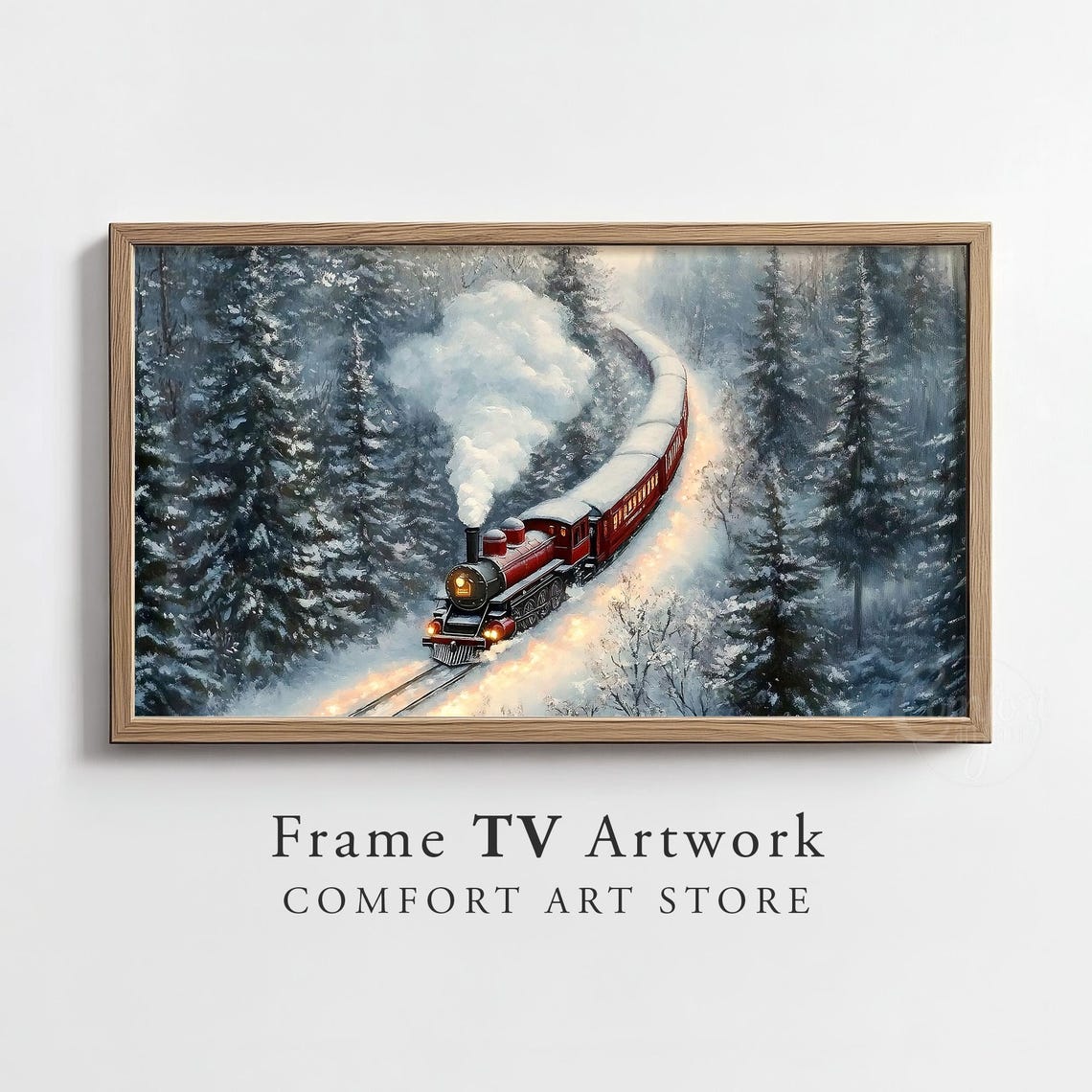 Red Vintage Steam Train Traveling Through A Snowy Winter Forest Poster