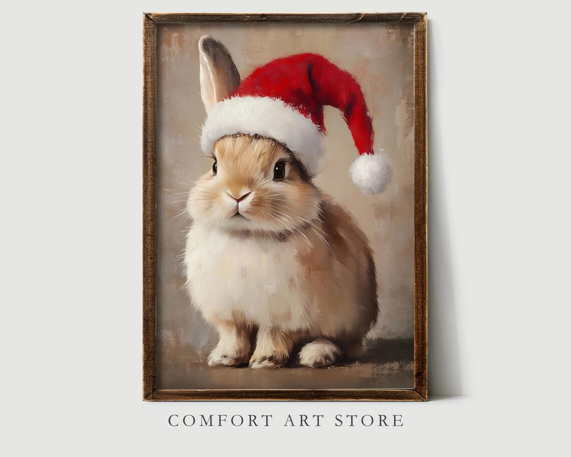 Adorable Bunny Wearing Santa Hat Christmas Portrait Art Poster - Image 2