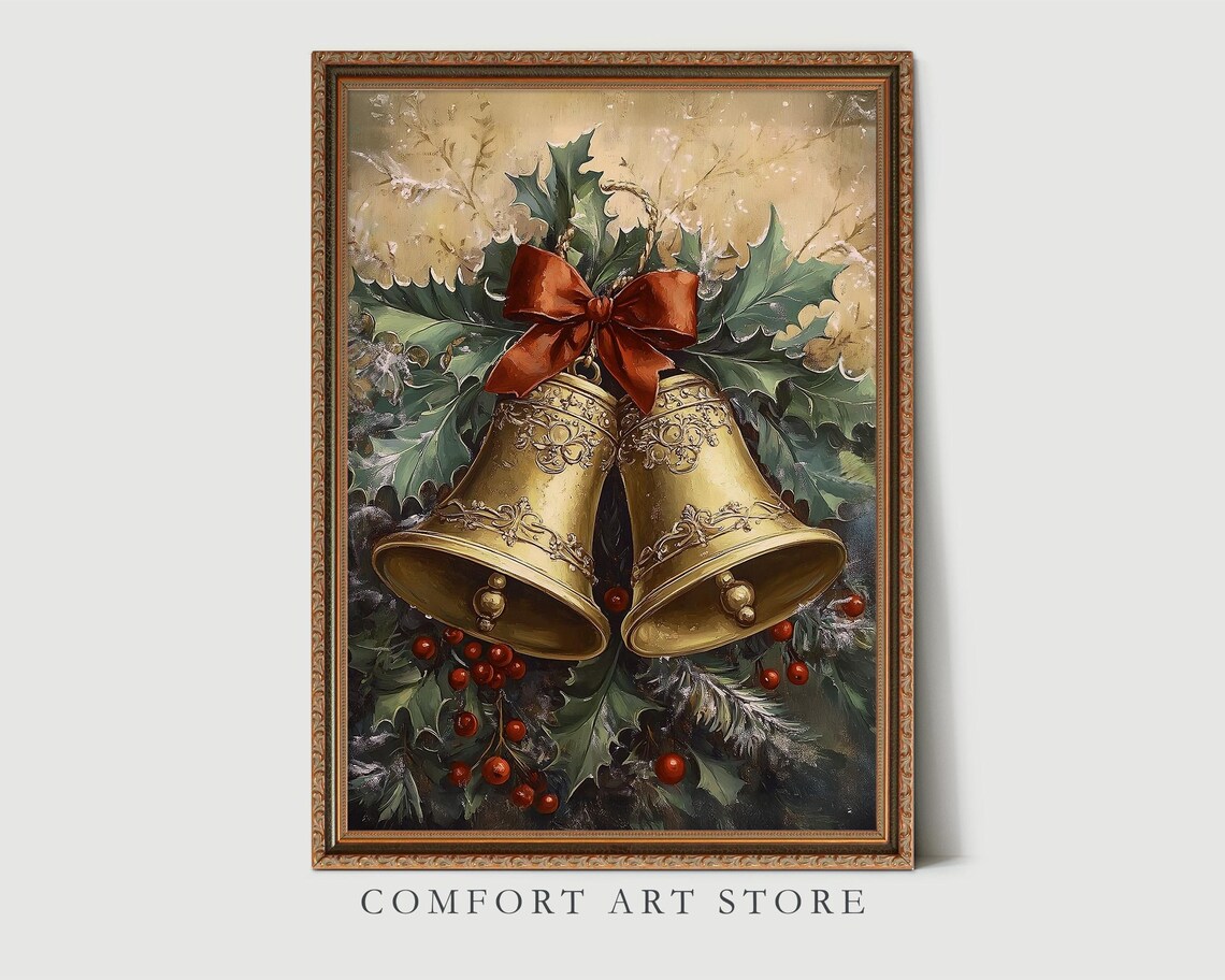 Ornate Brass Christmas Bells with Holly and Red Bow Wall Art - Image 8