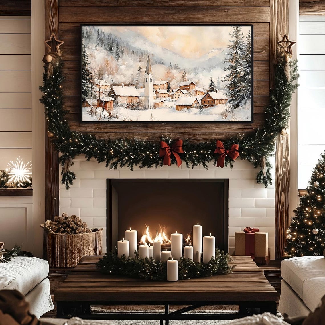 Frame Tv Art Snowy Alpine Village Vintage Christmas Antique Winter Scene Winter Landscape Painting Holiday Christmas Frame Tv Art - Image 3