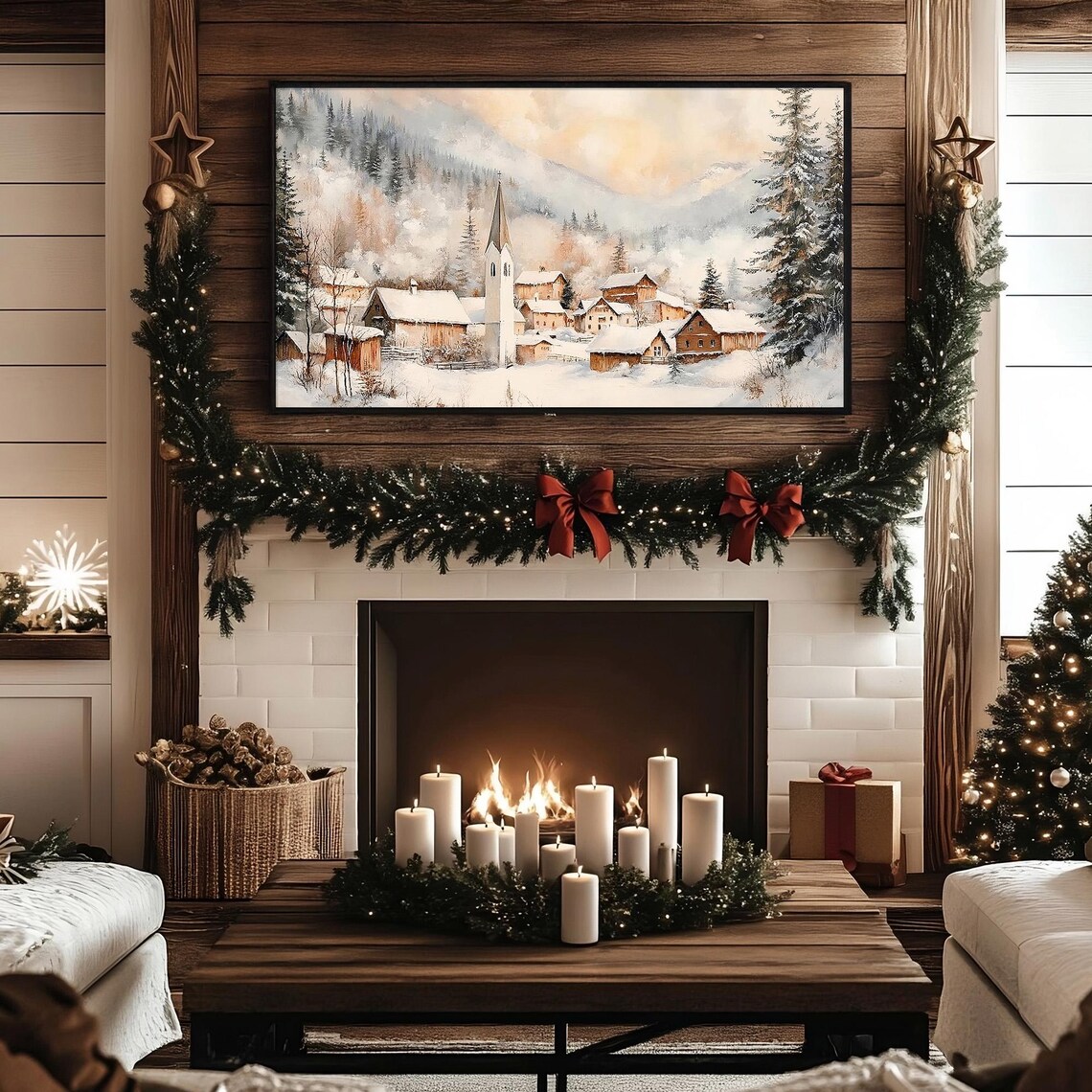 Snowy Alpine Village With Church Steeple Among Winter Mountains Poster - Image 3