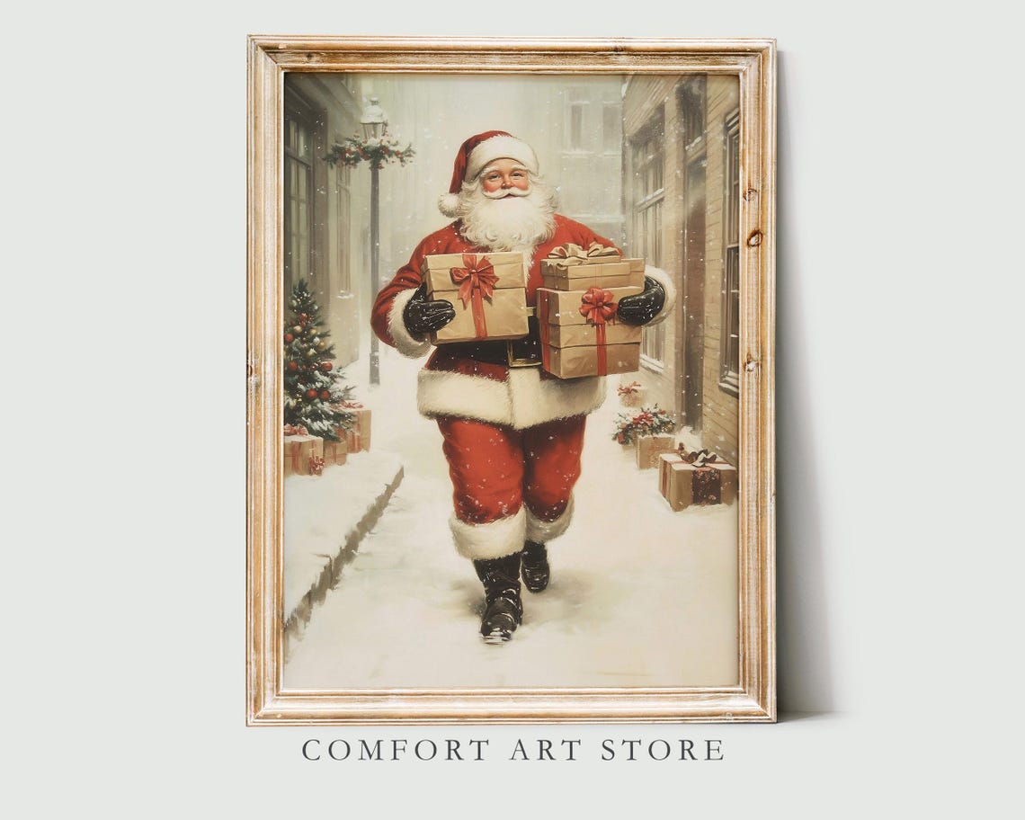 Santa Claus Print Vintage Christmas Wall Art Christmas Snowy Street Print Winter Holiday Decor Antique Christmas Gift Neutral Santa Wall Art